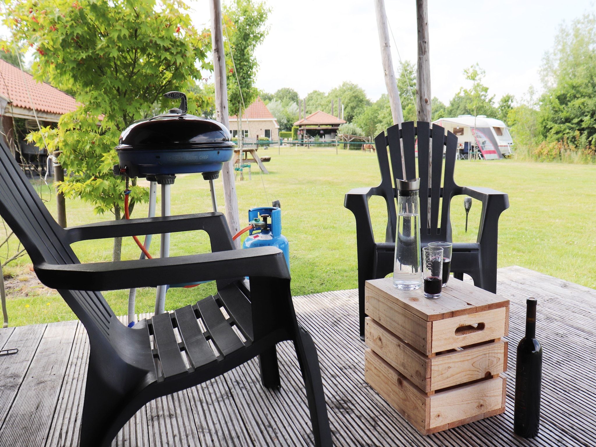 De tuin van Twee safaritenten "Noflik" & "Gaadlik" naast elkaar in Twijzel