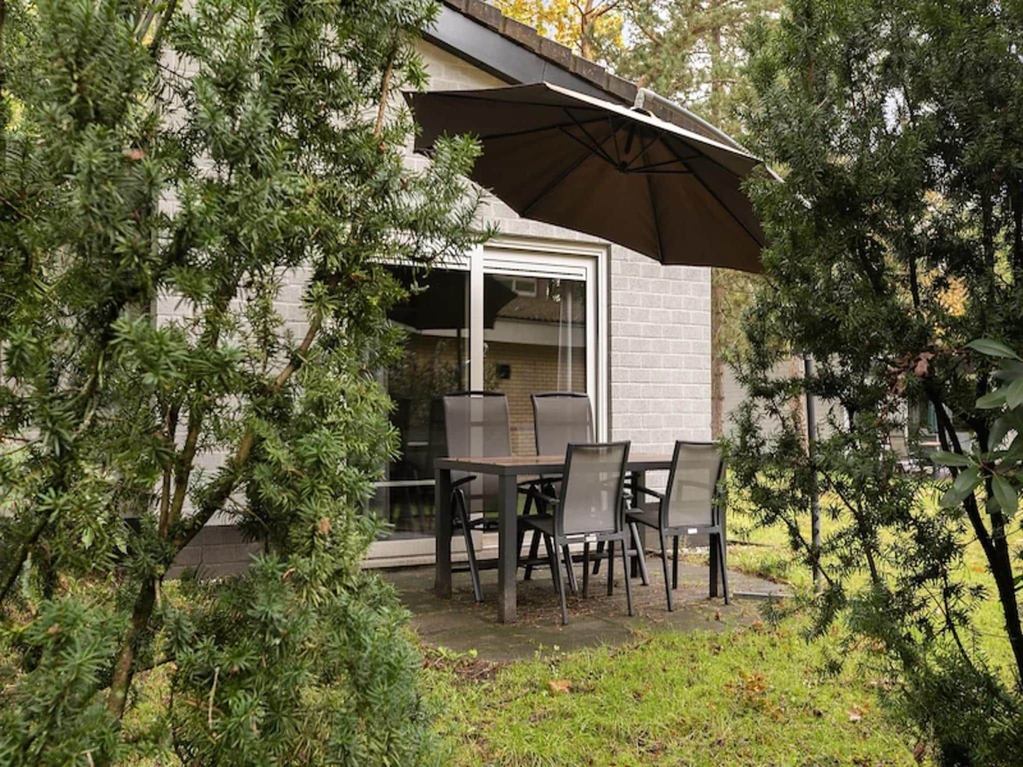 Het terras van Vakantiepark de Berkenhorst 17 in Kootwijk