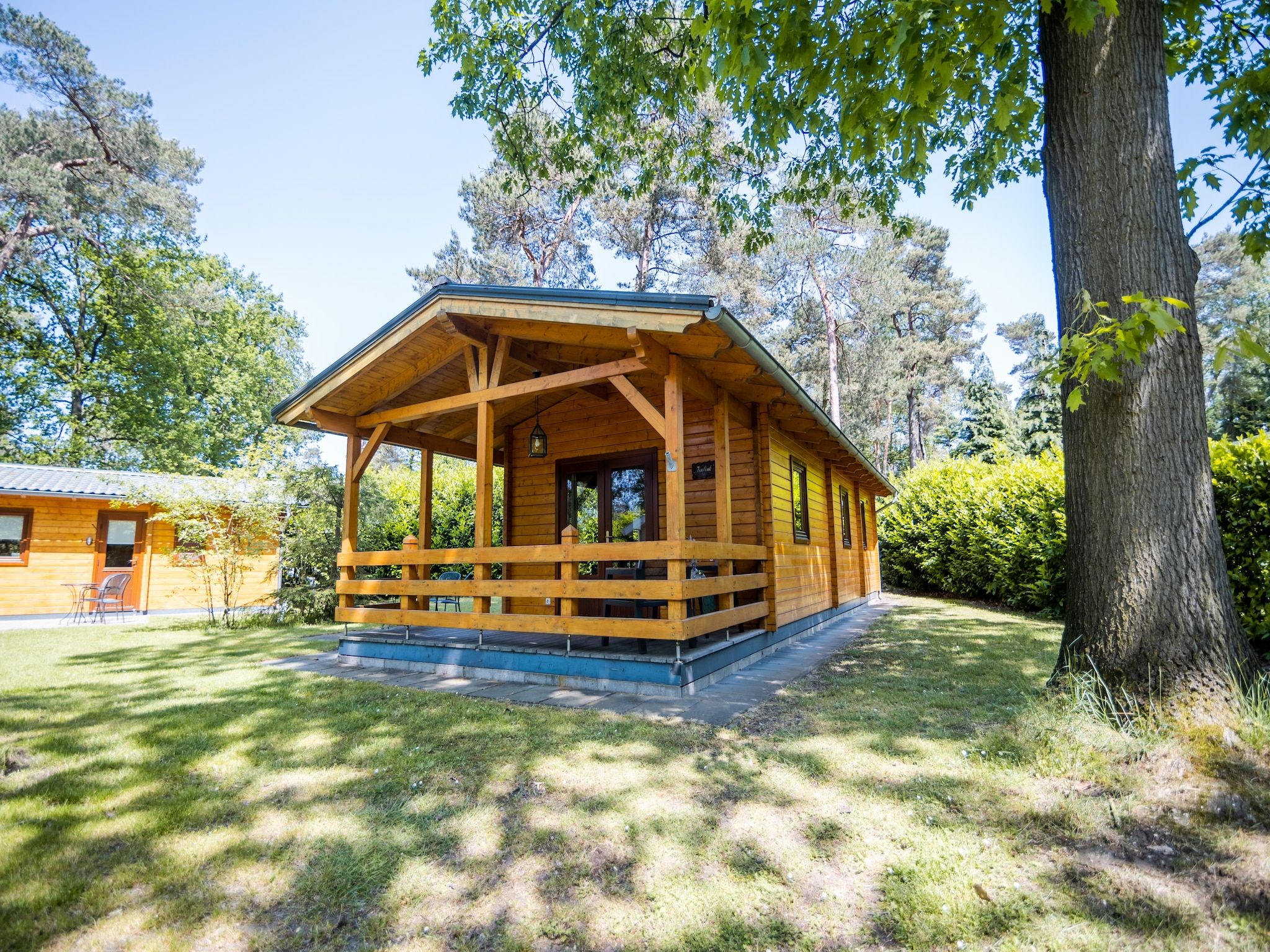 Het terras van 2-persoons wellness lodge in Markelo