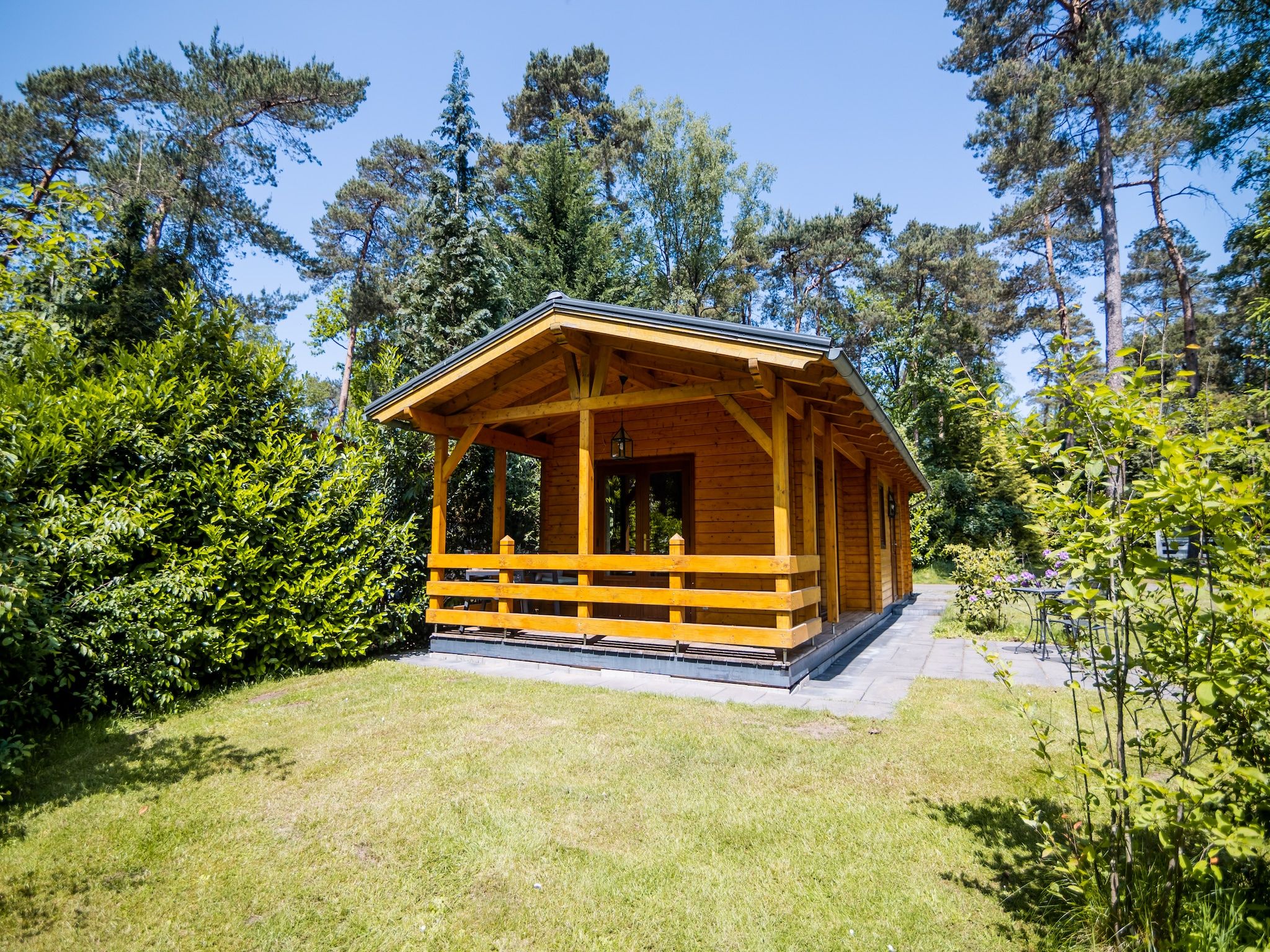 De buitenkant van 2-persoons wellness lodge in Markelo