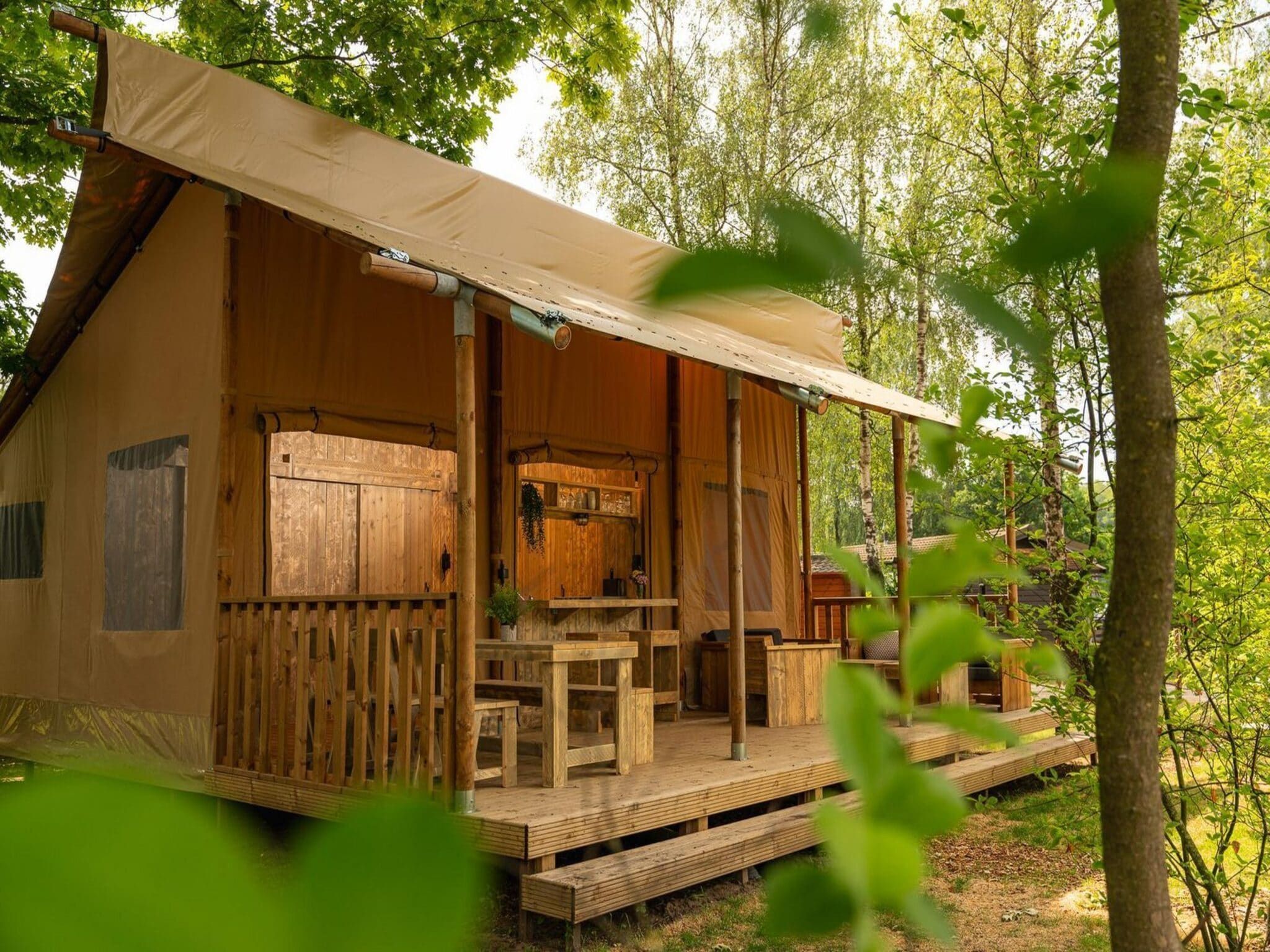 De buitenkant van Safari tent 'the bartenter' with private sanitary facilities | 5 persons in Zuna
