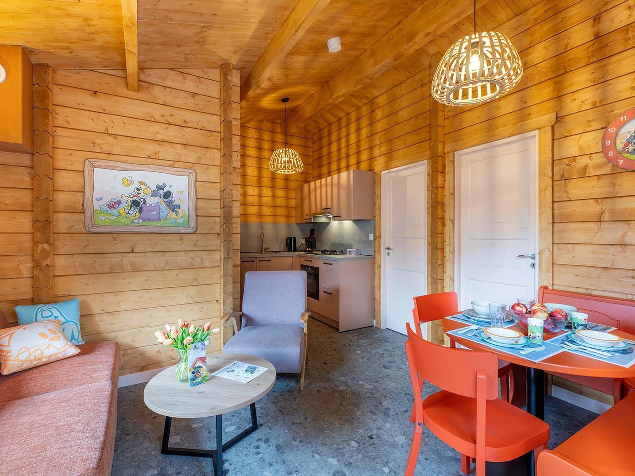 De woonkamer van Woezel & Pip Lodge 4p in Hoogerheide